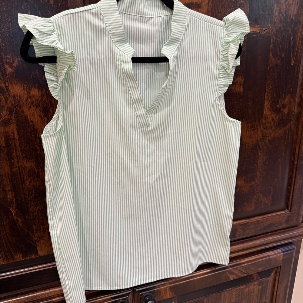 SHEIN Ruffle Sleeve Green Striped Blouse